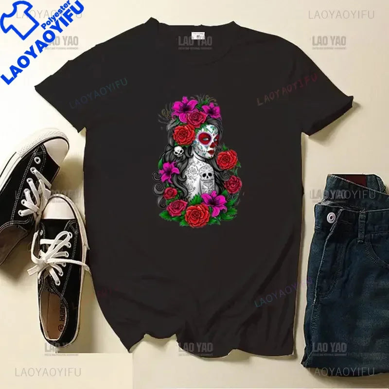 Skull Day of The Dead Graphic T Shirts Skeleton Woman Tshirts Mexican Heritage Flowers Black Tops Casual Kawaii Funny Clothes