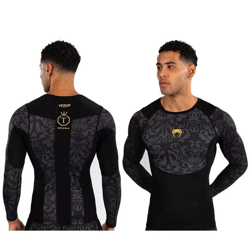 Gym Workout Shirts Men Sports Wear Casual Boxing Tops Combat Training Fitness Quick-Dry Short Sleeve Bodysuit
