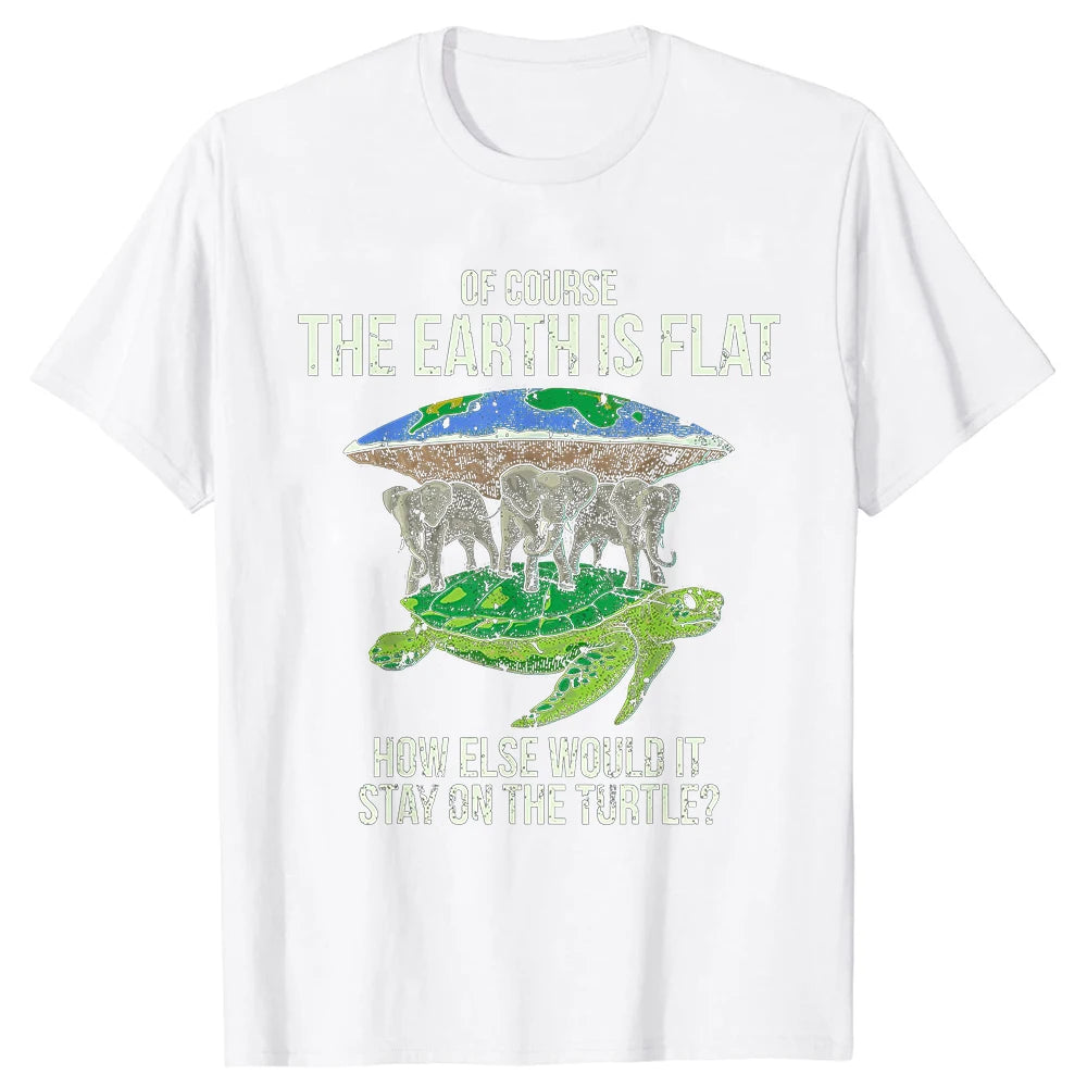 Fun "Flat Earth Association" T-shirt with Turtle and Elephant Print Street Style Round Neck Harajuku Short-sleeved for Women Y2K
