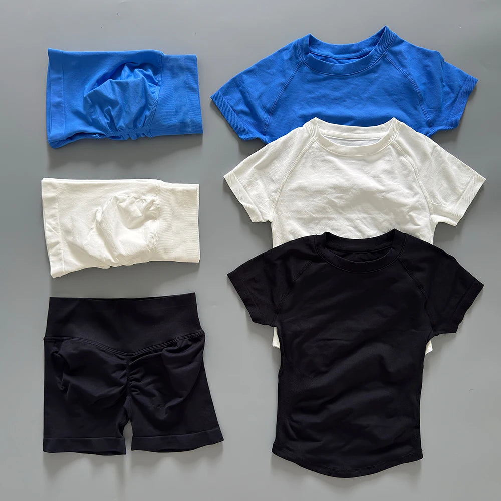 Sports Sets Short Sleeve Seamless Yoga Top Fitness Set Women Workout Running Sports Shorts Gym Suit 2 Pieces