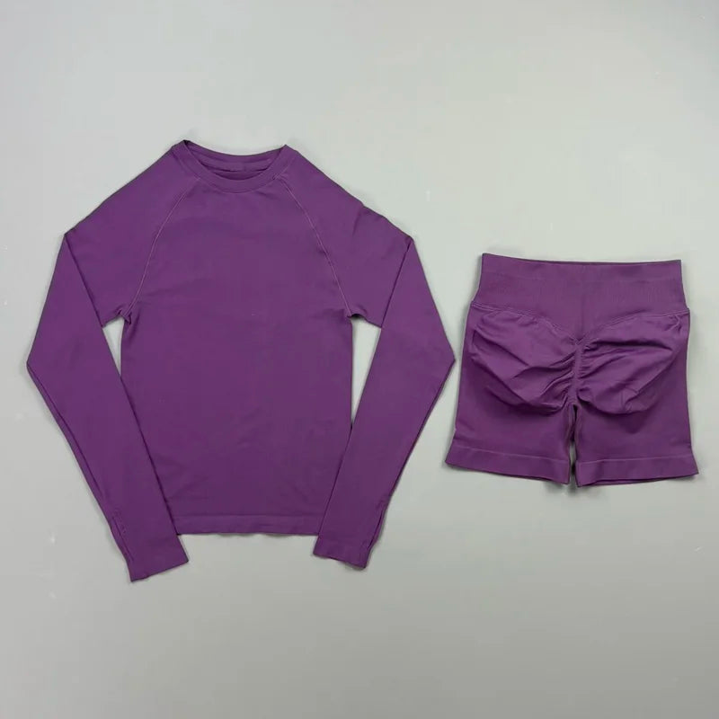 HISTELLO 2 Piece Gym Set Women Sports Long Sleeve Top and Shorts Sets Lightweight Fitness Clothes Pilates Yoga Sportswear Outfit