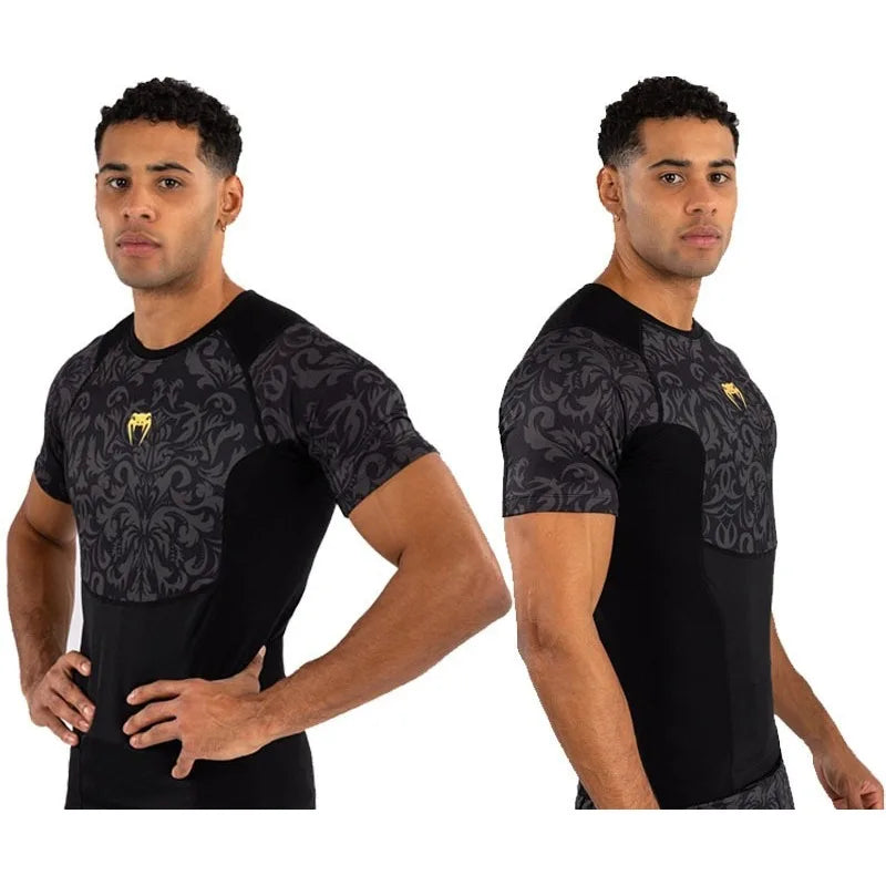 Gym Workout Shirts Men Sports Wear Casual Boxing Tops Combat Training Fitness Quick-Dry Short Sleeve Bodysuit
