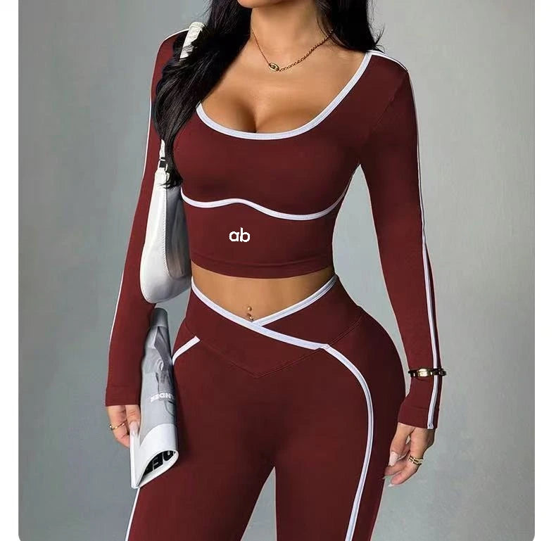 2026 Popular Color Blocking Yoga Set Tight Yoga Long Sleeved Pants V Waist and Hip Lifting Tight Yoga Pants Luxury abyoga Set