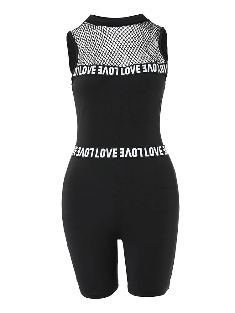 Fashion 2025 New Sexy 2 Pieces Sets Women Suits Letter Band Patch Fishnet Design Top & Shorts Set Feamle Clothes Black Outfits