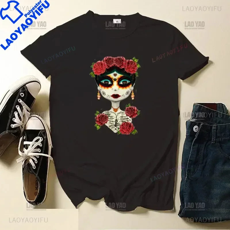 Skull Day of The Dead Graphic T Shirts Skeleton Woman Tshirts Mexican Heritage Flowers Black Tops Casual Kawaii Funny Clothes