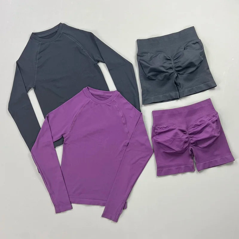 HISTELLO 2 Piece Gym Set Women Sports Long Sleeve Top and Shorts Sets Lightweight Fitness Clothes Pilates Yoga Sportswear Outfit