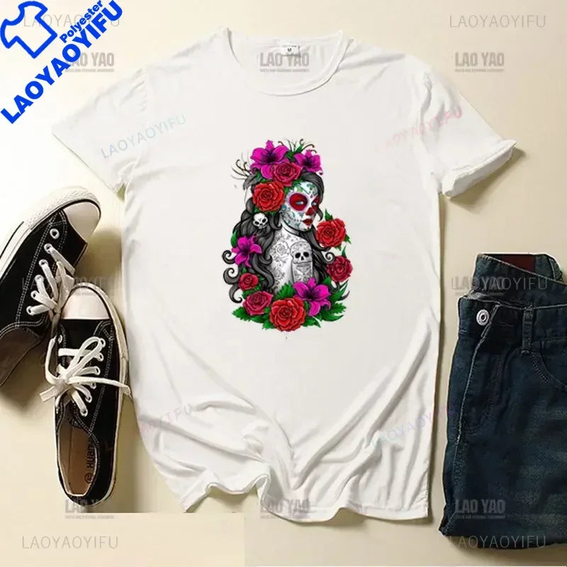 Skull Day of The Dead Graphic T Shirts Skeleton Woman Tshirts Mexican Heritage Flowers Black Tops Casual Kawaii Funny Clothes