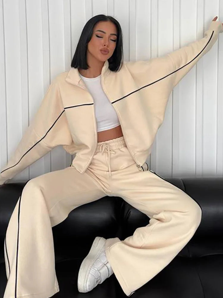 FSMG Casual Oversize Striped Half High Neck Zippers Sports Sets Women's Long Sleeve Sweatshirt Elastic Waist Pants 2 Piece Set