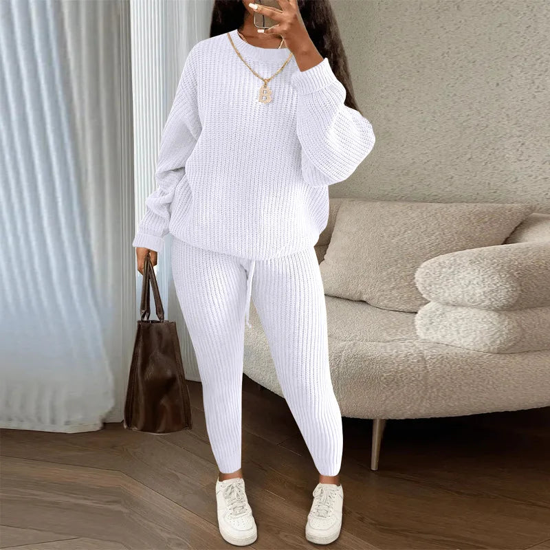 Knitted Sweater Two Piece Set For Women Autumn Winter Long Sleeve O Neck Sweater + Skinny Pants Sets Casual Knit Outfit Homewear