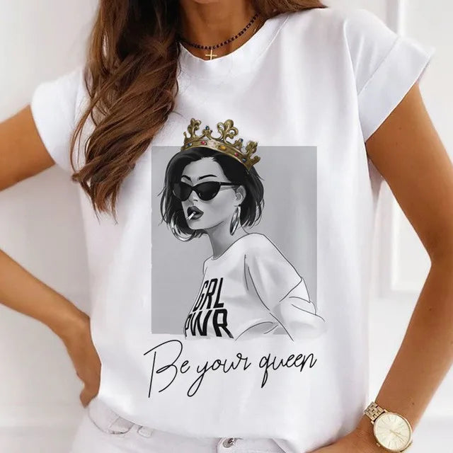 Fashion Girls Cool Half Sleeve American White T-shirt Women's Short Sleeve Top Casual Streetwear Clothing Polyester fiber fabric