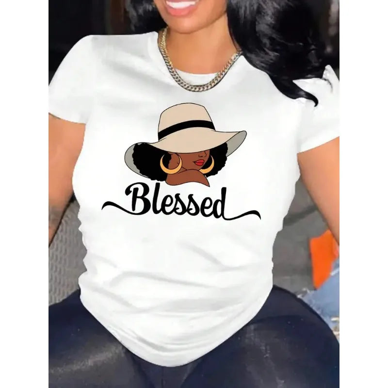 New Hot Selling Pattern Letters Printed Women's Fashion Short-sleeved T-shirt Cherry Round Neck Blouse Summer Fashion Polyester