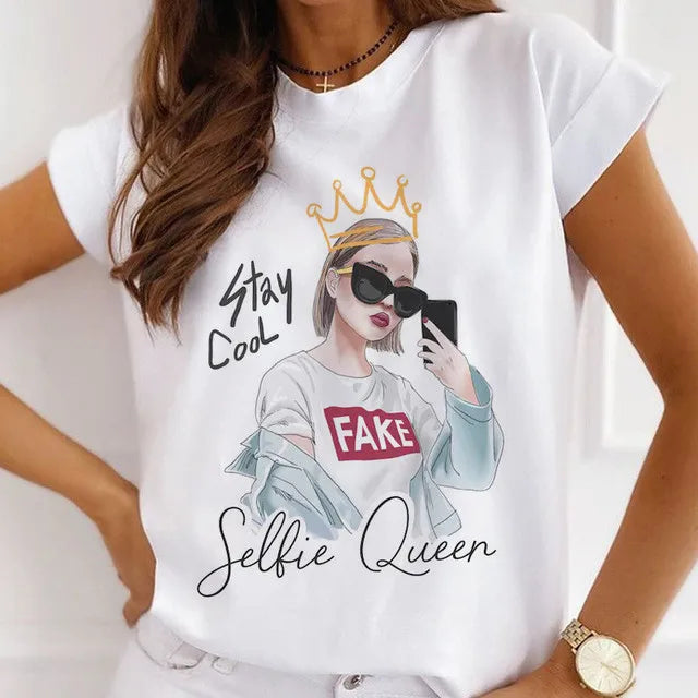 Fashion Girls Cool Half Sleeve American White T-shirt Women's Short Sleeve Top Casual Streetwear Clothing Polyester fiber fabric
