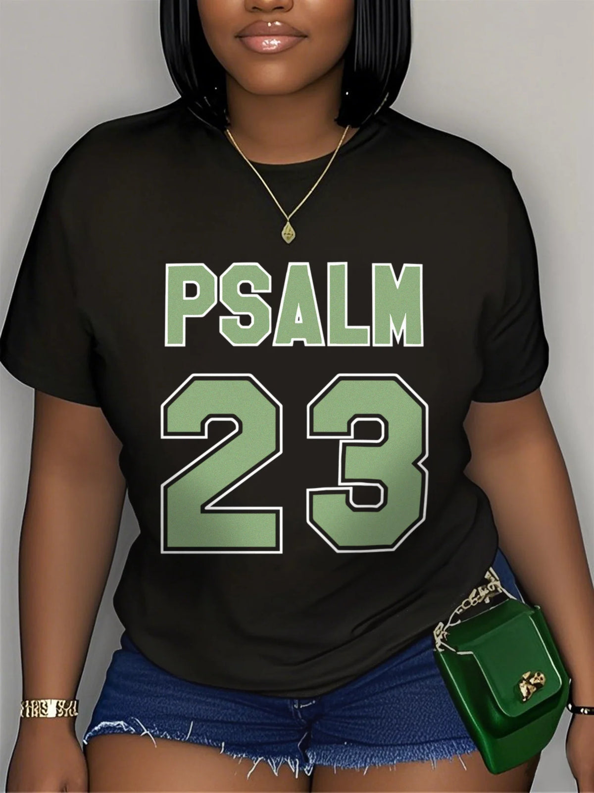 Women'S Psalm 23 Jersey Premium T-Shirt Oversized Casual Short Sleeve Round Neck Tee with Bold Green Lettering women clothes