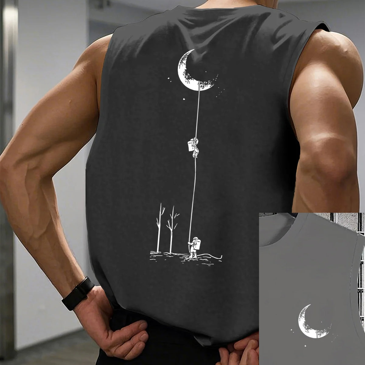 Men's summer casual sports loose fit astronaut landing moon pattern print comfortable and breathable round neck sleeveless vest