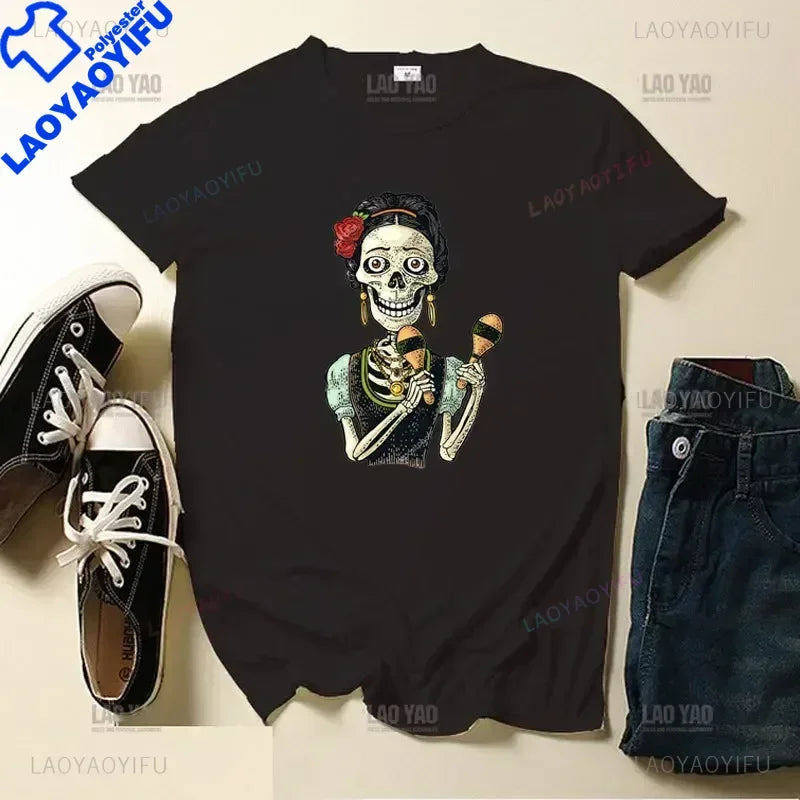 Skull Day of The Dead Graphic T Shirts Skeleton Woman Tshirts Mexican Heritage Flowers Black Tops Casual Kawaii Funny Clothes