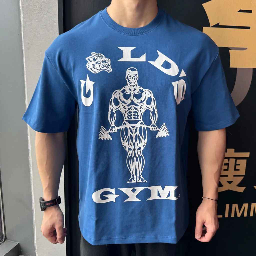 Men's Gym T-shirt Bodybuilder Weightlifting Pattern Printed Short Sleeved Shirt Fitness Exercise Loose Streetwear Casual T-shirt