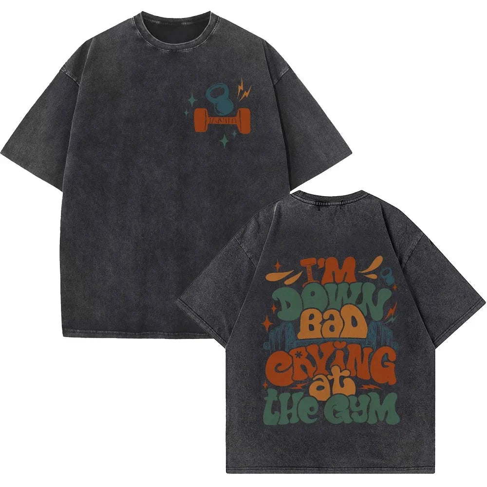 Funny Muscle Gym Retro Washed T-shirt Men's and Women's Fashion Short Sleeve T-shirt Casual Large Size T-shirt