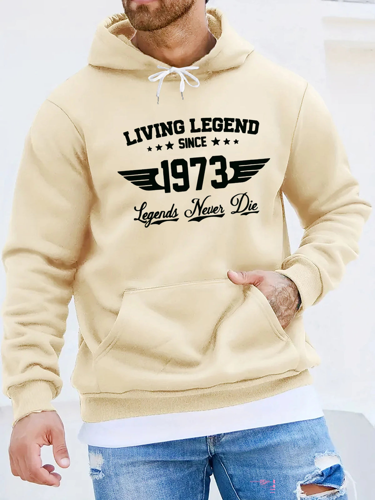 Men's autumn and winter casual fashion loose hoodie retro 1973 letter pattern printed long sleeved warm pullover sweater