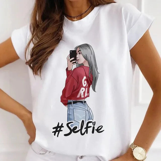 Fashion Girls Cool Half Sleeve American White T-shirt Women's Short Sleeve Top Casual Streetwear Clothing Polyester fiber fabric