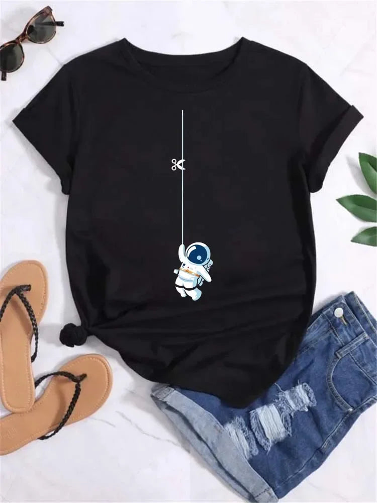 T Shirt Women Moon Planet Print Fashion Tee Shirts Casual Round Neck Short Sleeve Streetwear Female T-Shirt Vintage Tops