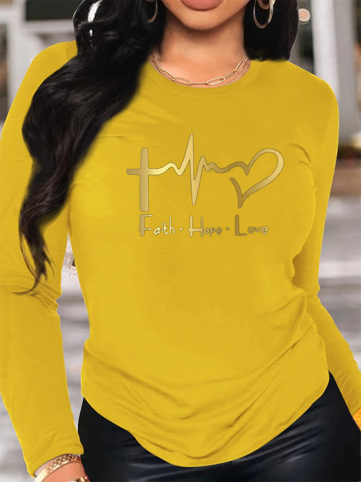 100% pure cotton women's spring and autumn casual long sleeved heart-shaped belief graphic printed round neck T-shirt