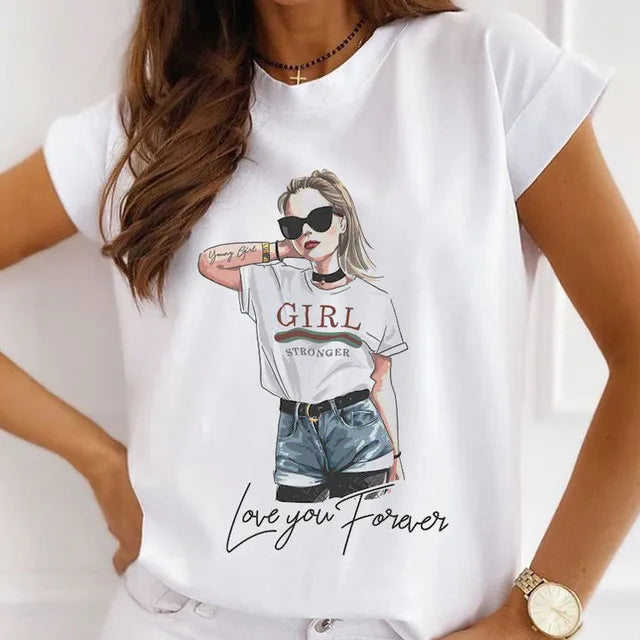 Fashion Girls Cool Half Sleeve American White T-shirt Women's Short Sleeve Top Casual Streetwear Clothing Polyester fiber fabric