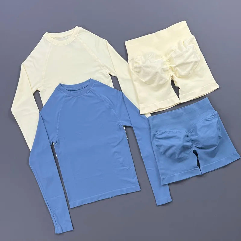 HISTELLO 2 Piece Gym Set Women Sports Long Sleeve Top and Shorts Sets Lightweight Fitness Clothes Pilates Yoga Sportswear Outfit