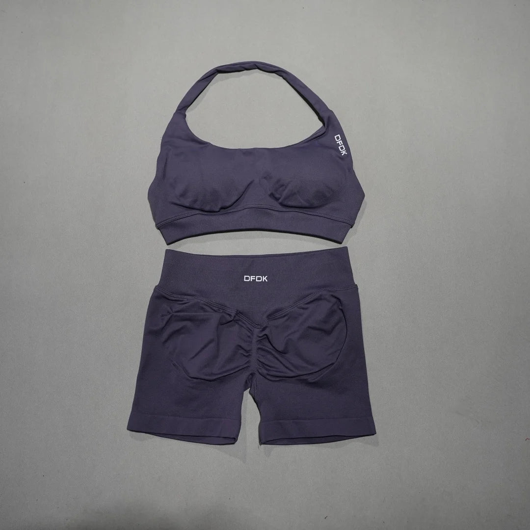 DFDK Women's Fashion 2 Piece Sports Set Lace Up Sports Bra Seamless Shorts Leggings Yoga Gym Fitness Running Tracksuit