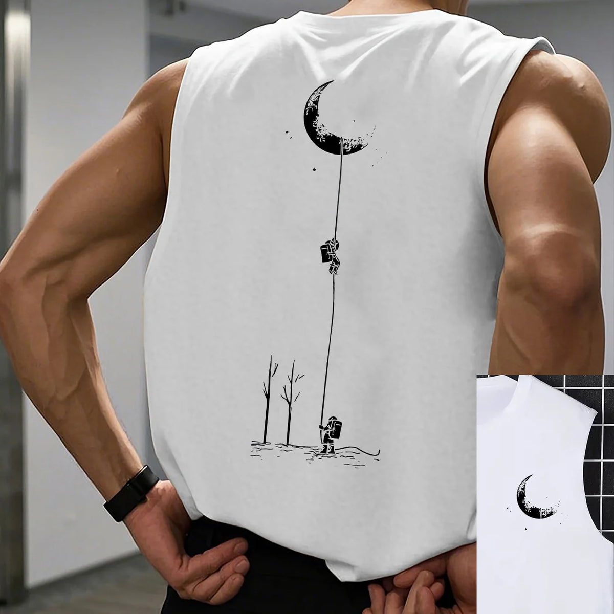 Men's summer casual sports loose fit astronaut landing moon pattern print comfortable and breathable round neck sleeveless vest