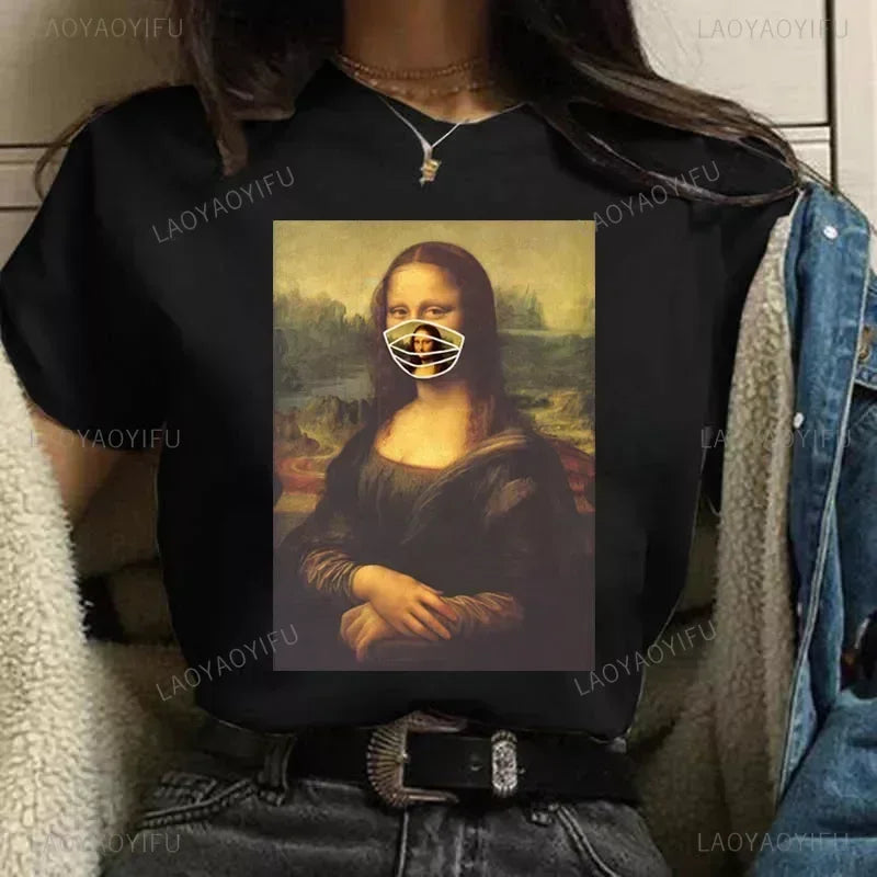 Vintage Humor Mona Lisa Print Women Fashion Top Funny Rose Mona Lisa T-Shirt Classic Camise Breathable Short-sleev