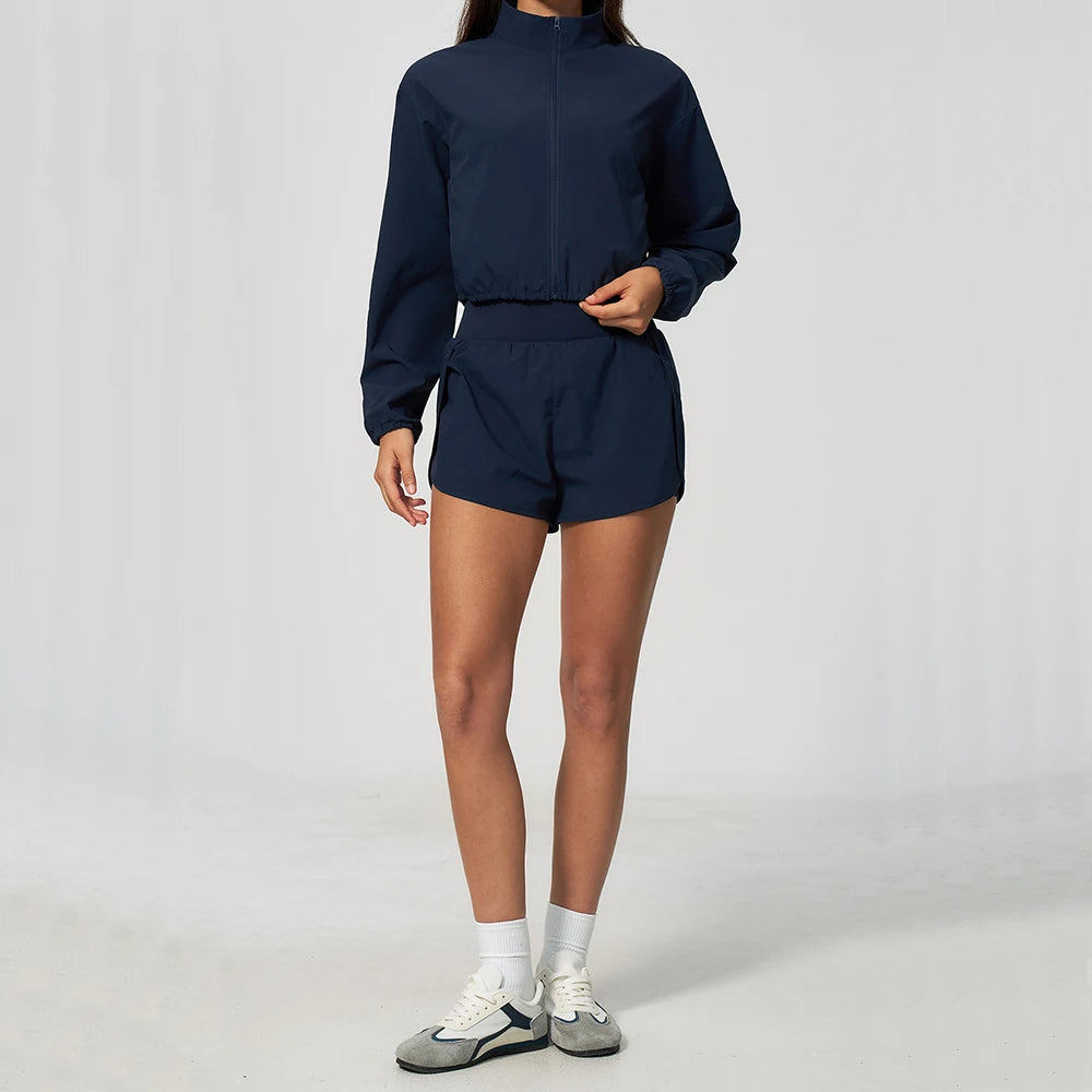Yoga Set Women 2 Piece Tracksuit Sportswear Suit Outfits Clothing Cropped Jacket Shorts Set Fitness Running Workout Gym Training