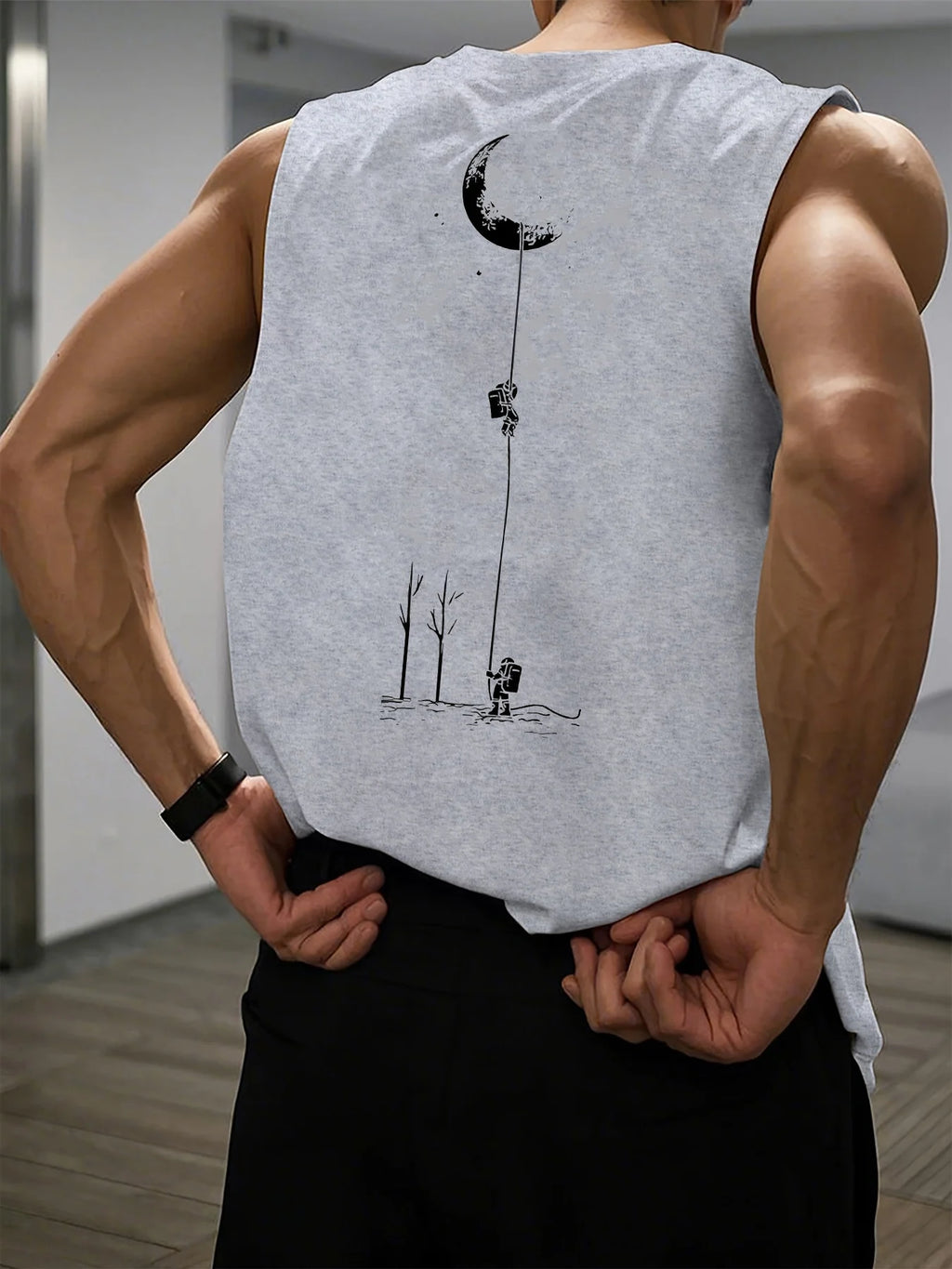 Men's summer casual sports loose fit astronaut landing moon pattern print comfortable and breathable round neck sleeveless vest