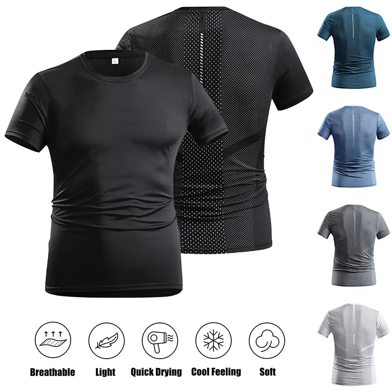 Men's Gym Muscle-Showing Fitness Short Sleeves Outdoor Running Training Thin Mesh Sports T-Shirt Men Summer Ice Silk T-Shirt