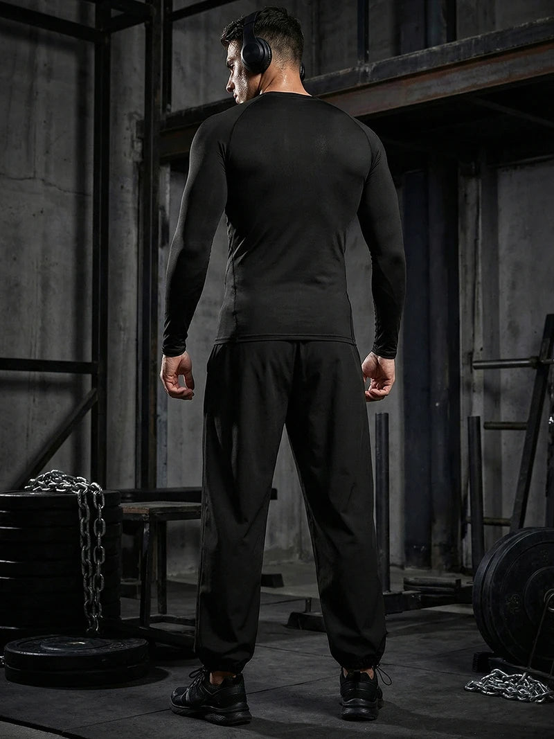 Mens Spring Fall Athletic 2 Piece Set Gym Workout Running Sportswear Long Sleeve Compression Shirt Pants Trousers Sweatpants