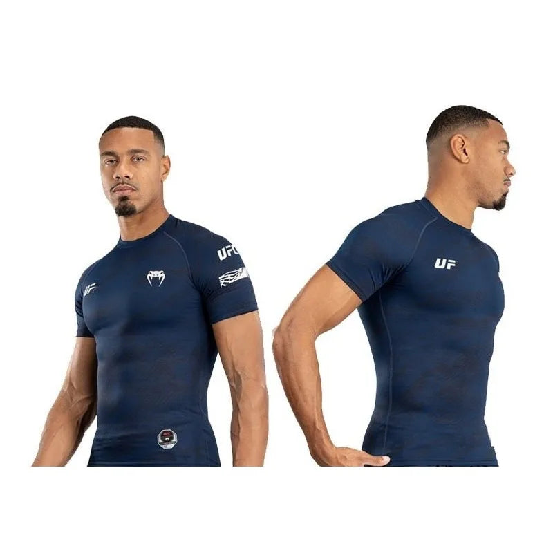 Gym Workout Shirts Men Sports Wear Casual Boxing Tops Combat Training Fitness Quick-Dry Short Sleeve Bodysuit