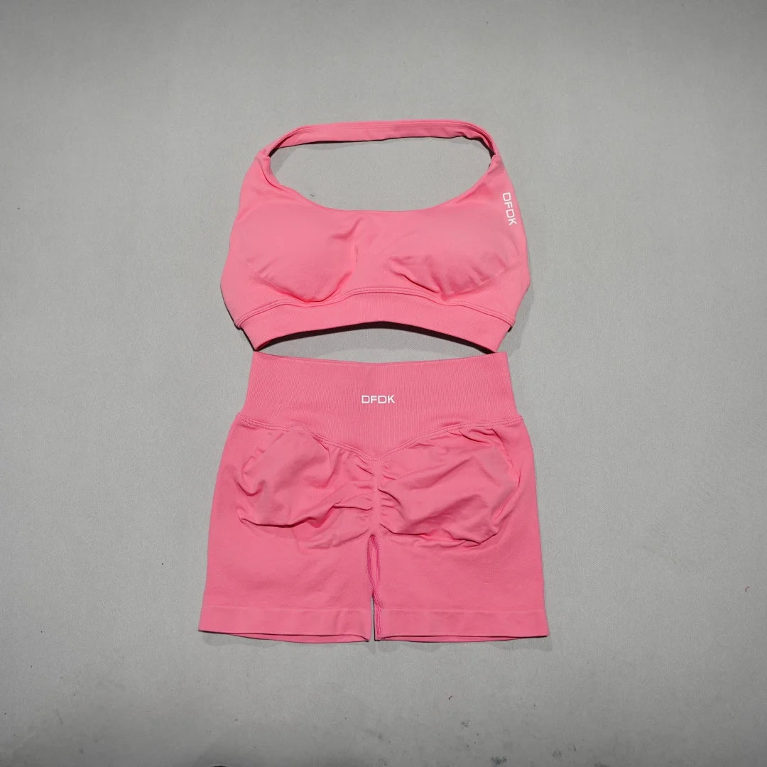DFDK Women's Fashion 2 Piece Sports Set Lace Up Sports Bra Seamless Shorts Leggings Yoga Gym Fitness Running Tracksuit