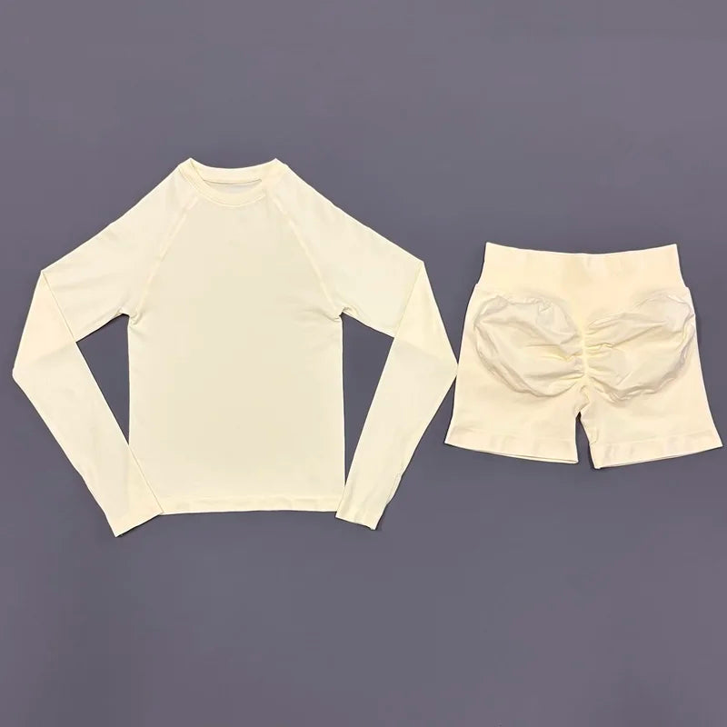 HISTELLO 2 Piece Gym Set Women Sports Long Sleeve Top and Shorts Sets Lightweight Fitness Clothes Pilates Yoga Sportswear Outfit
