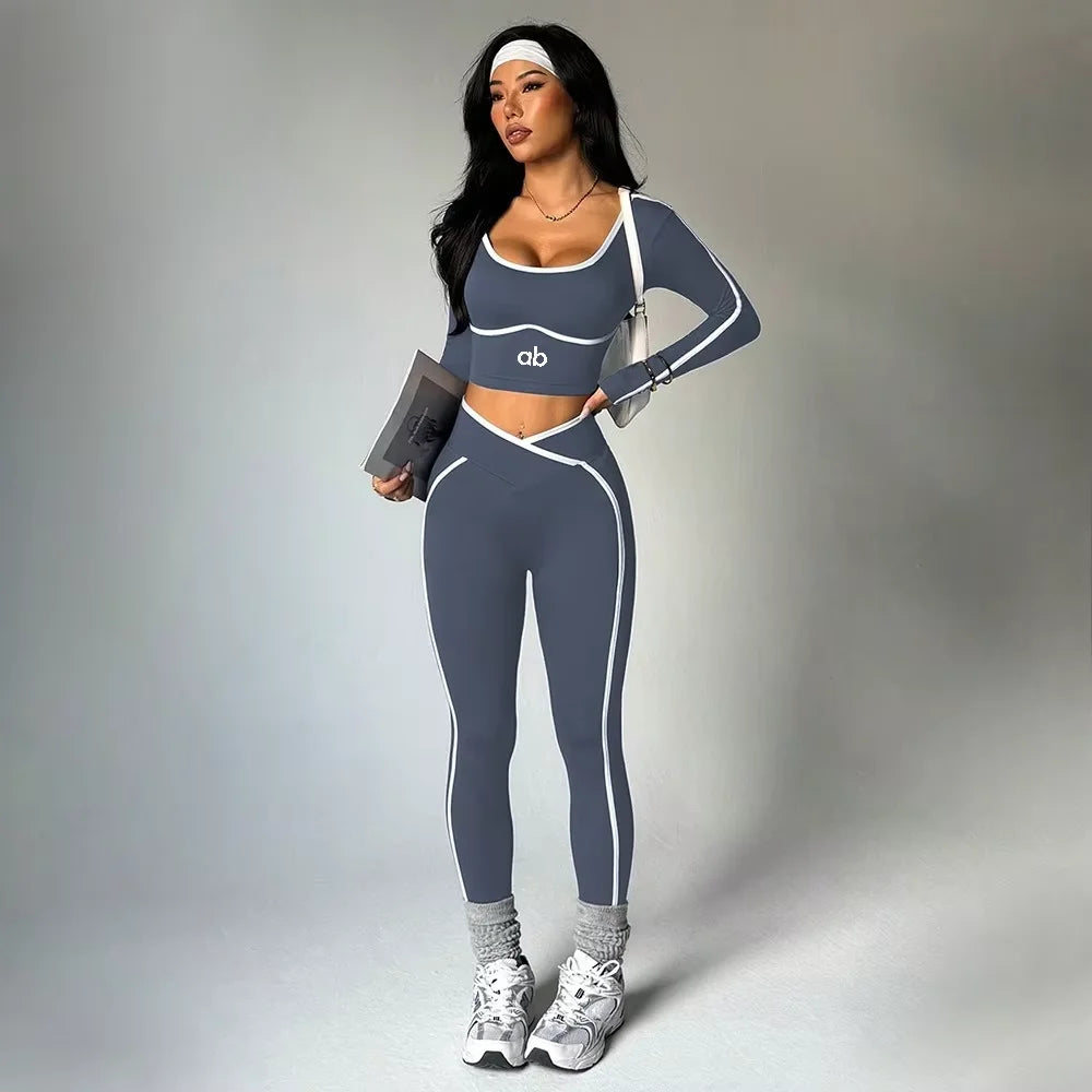2026 Popular Color Blocking Yoga Set Tight Yoga Long Sleeved Pants V Waist and Hip Lifting Tight Yoga Pants Luxury abyoga Set