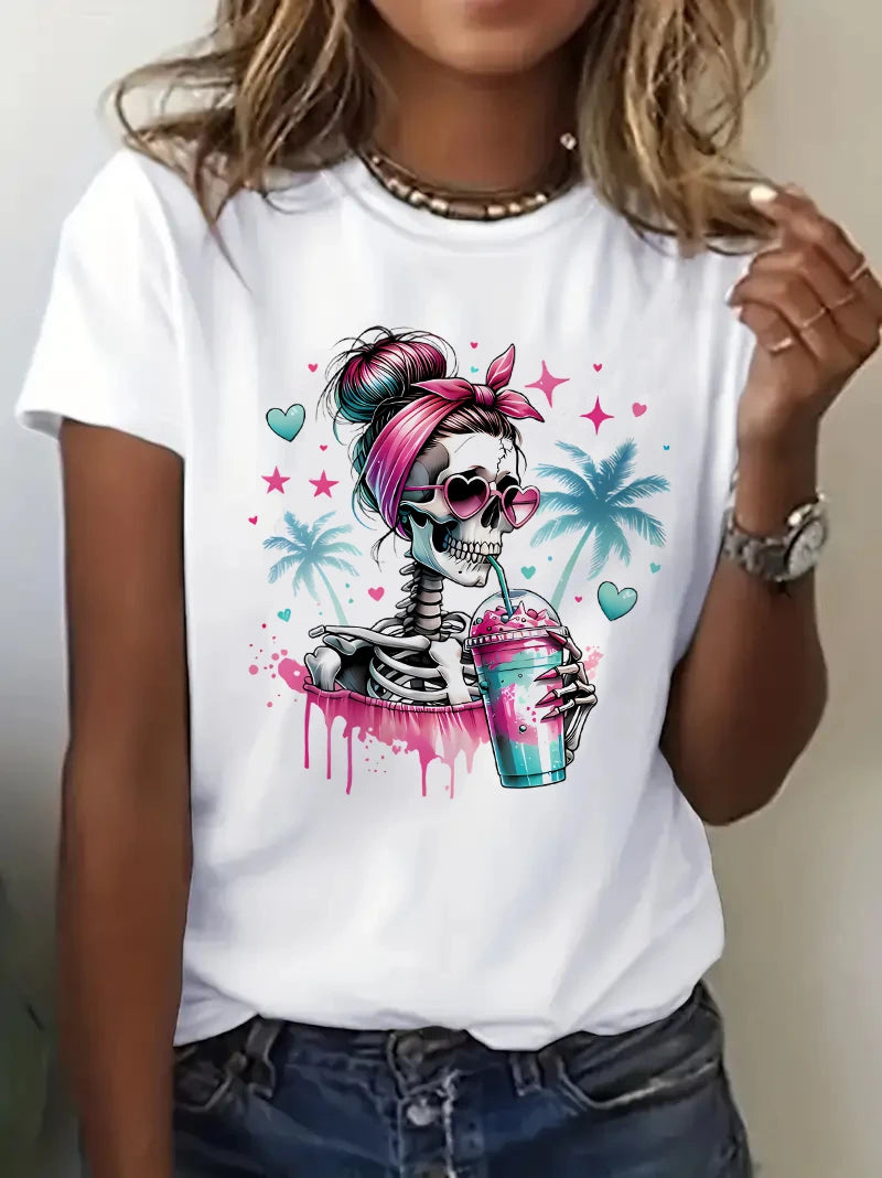 Skull Print Tshirt 90s Hip Hop Women'S Casual Graphic T-Shirt Short Sleeve T Shirt Clothing Top Tee