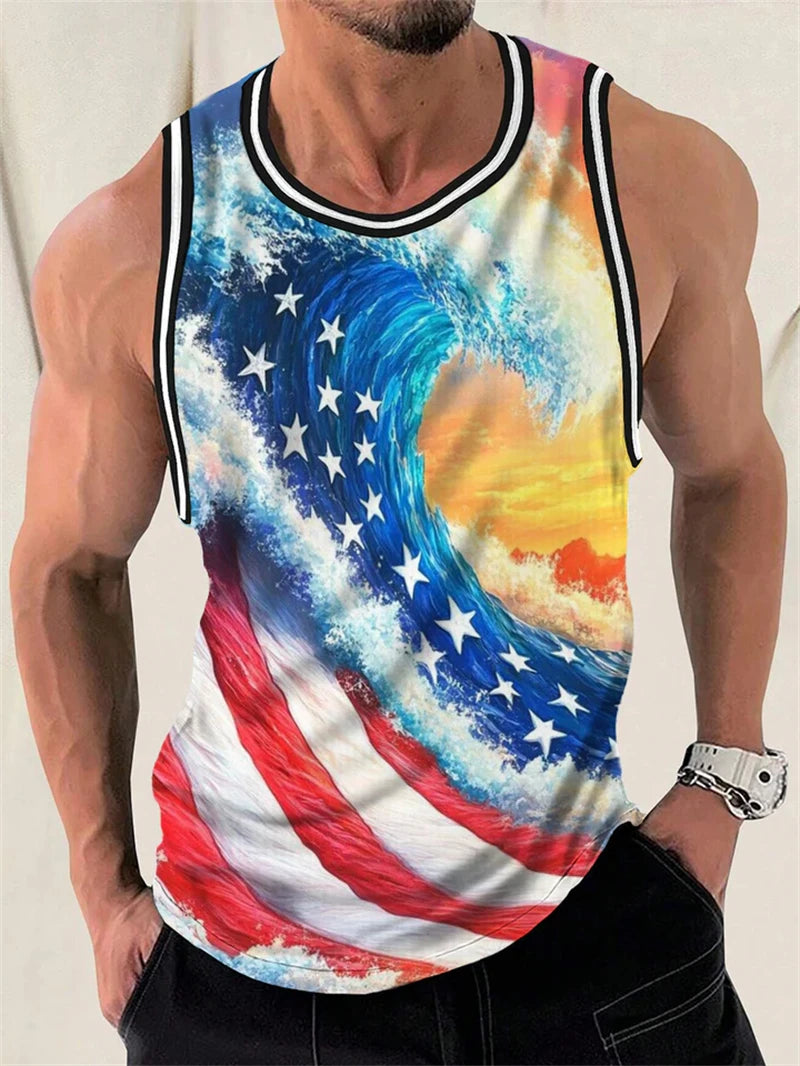 Fashion American Flag Graphic Tank Tops Summer Trendy Sleeveless 3D Printed Crew Neck Vest Casual Streetwear Oversized Tees Tops