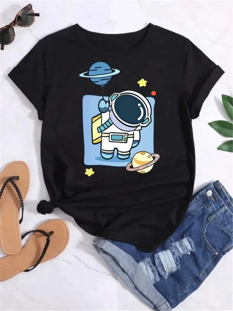 T Shirt Women Moon Planet Print Fashion Tee Shirts Casual Round Neck Short Sleeve Streetwear Female T-Shirt Vintage Tops
