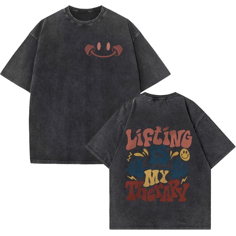 Funny Muscle Gym Retro Washed T-shirt Men's and Women's Fashion Short Sleeve T-shirt Casual Large Size T-shirt
