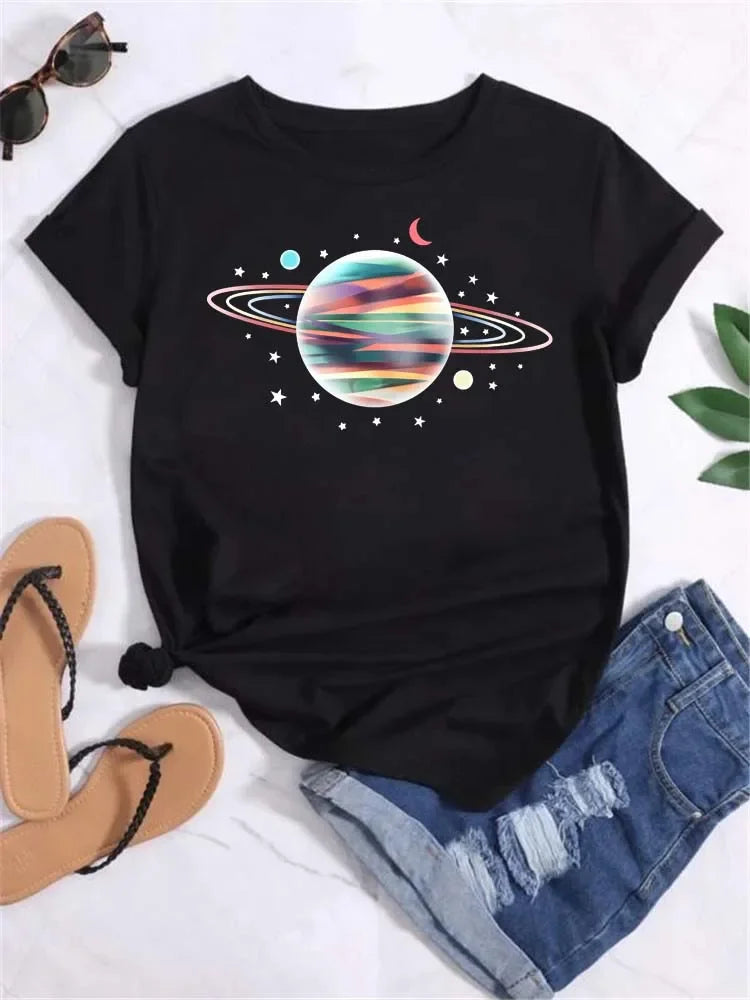 T Shirt Women Moon Planet Print Fashion Tee Shirts Casual Round Neck Short Sleeve Streetwear Female T-Shirt Vintage Tops