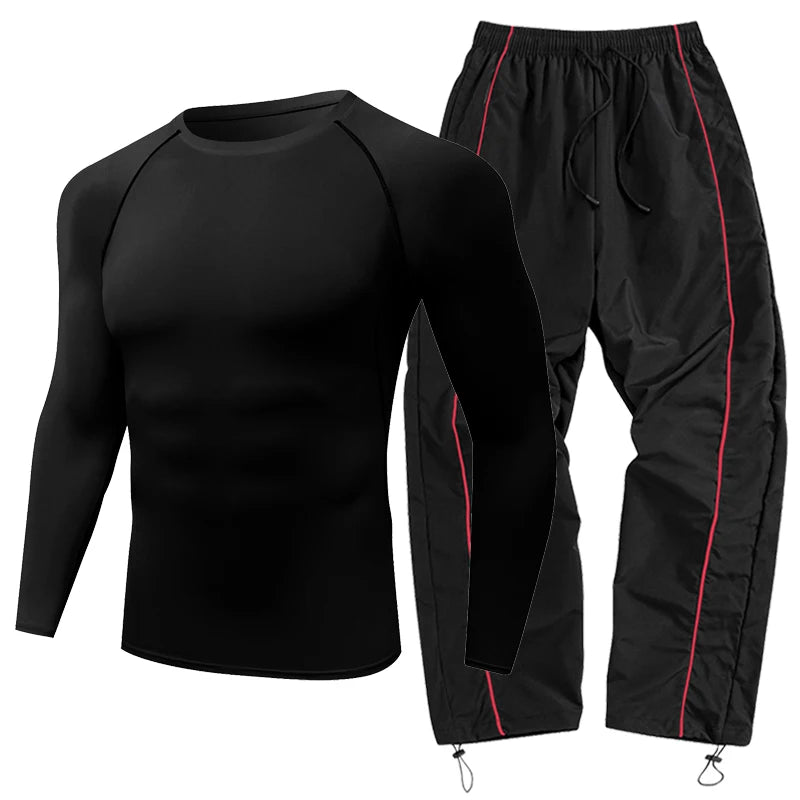 Mens Spring Fall Athletic 2 Piece Set Gym Workout Running Sportswear Long Sleeve Compression Shirt Pants Trousers Sweatpants
