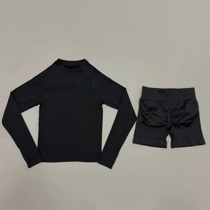 HISTELLO 2 Piece Gym Set Women Sports Long Sleeve Top and Shorts Sets Lightweight Fitness Clothes Pilates Yoga Sportswear Outfit