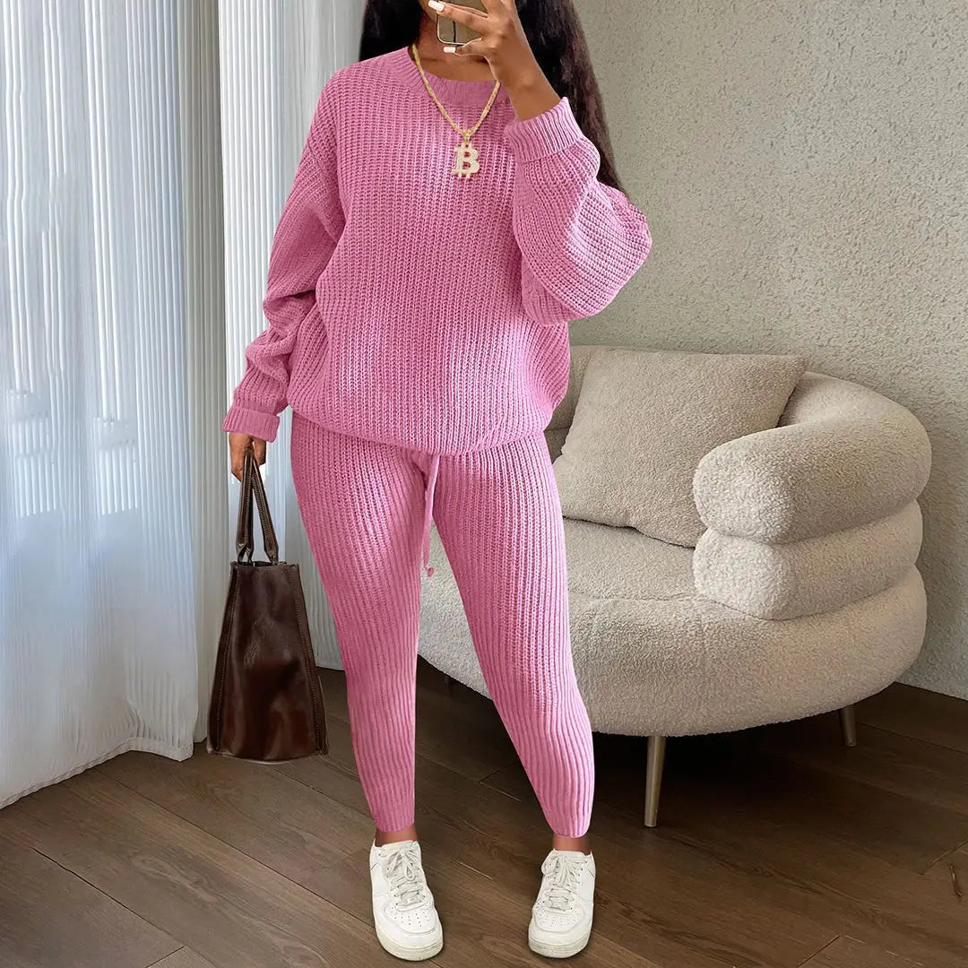 Knitted Sweater Two Piece Set For Women Autumn Winter Long Sleeve O Neck Sweater + Skinny Pants Sets Casual Knit Outfit Homewear