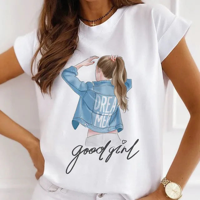 Fashion Girls Cool Half Sleeve American White T-shirt Women's Short Sleeve Top Casual Streetwear Clothing Polyester fiber fabric