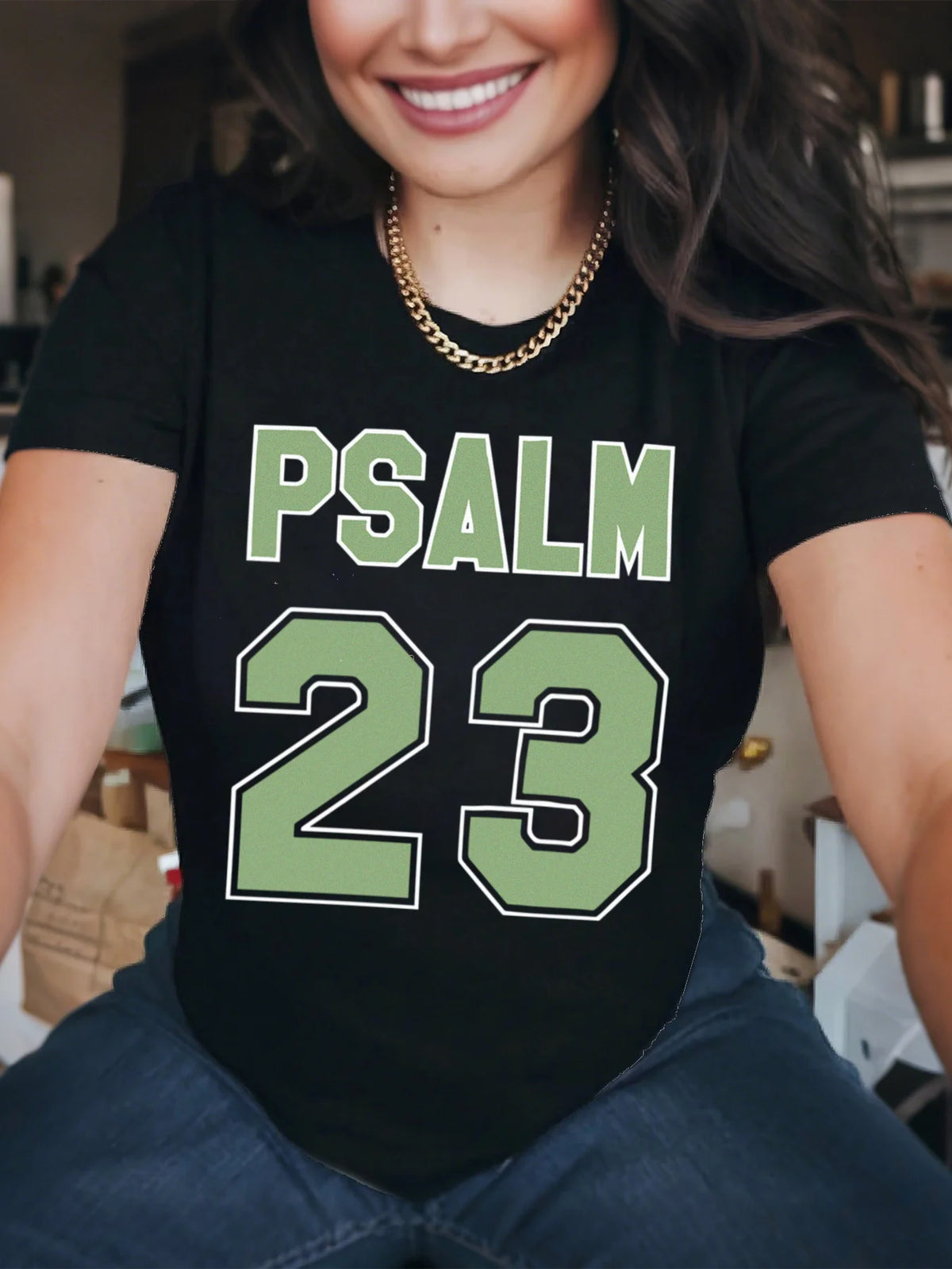 Women'S Psalm 23 Jersey Premium T-Shirt Oversized Casual Short Sleeve Round Neck Tee with Bold Green Lettering women clothes