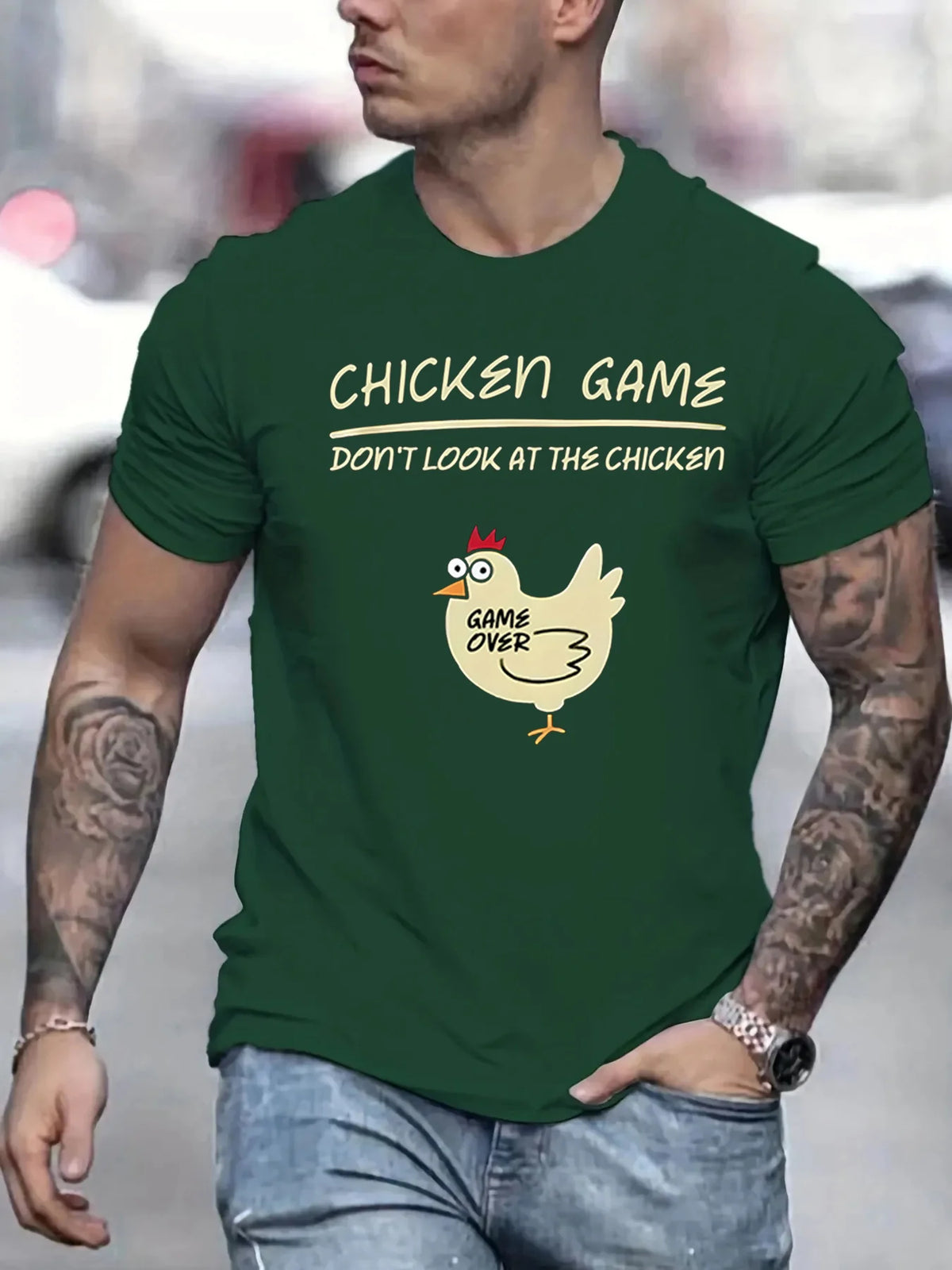 Men's 100% pure cotton fashionable casual loose sports fun chicken game pattern printed round neck short sleeved T-shirt top