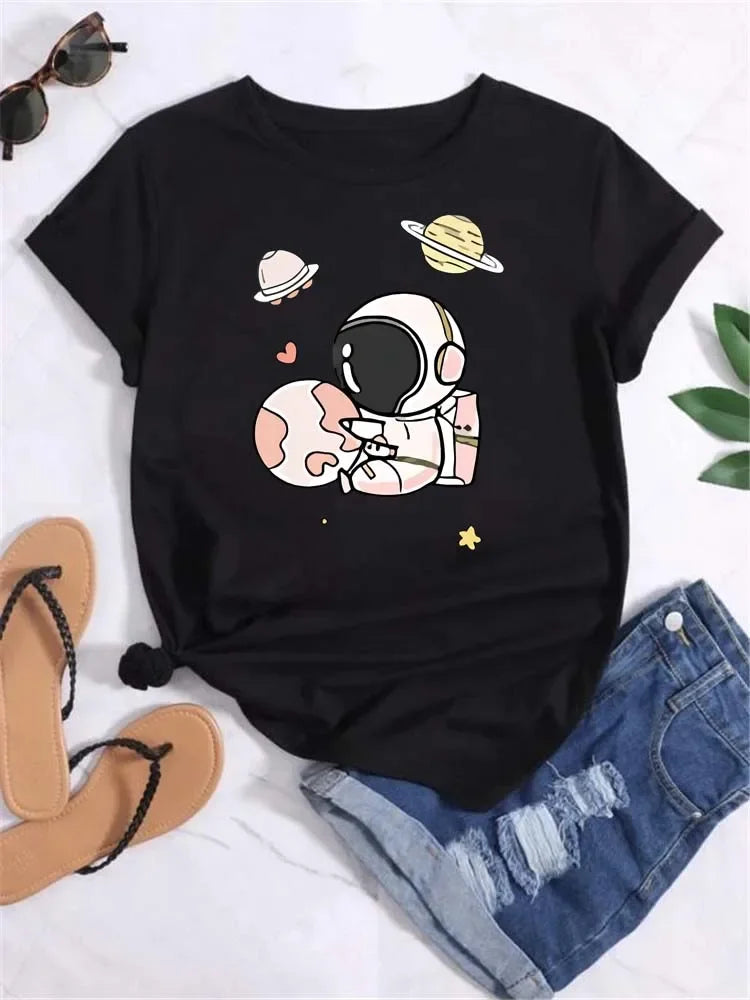 T Shirt Women Moon Planet Print Fashion Tee Shirts Casual Round Neck Short Sleeve Streetwear Female T-Shirt Vintage Tops